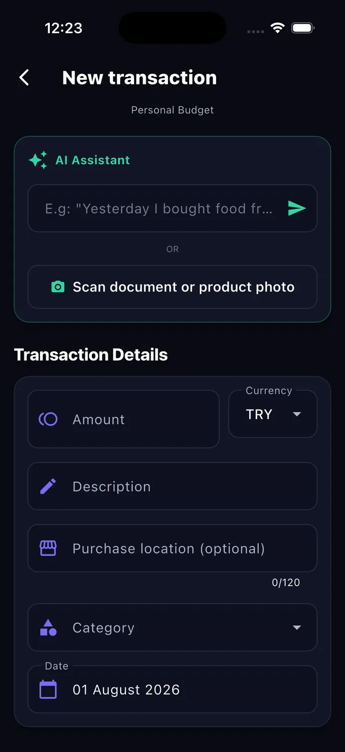 SnapBudget AI new transaction screen